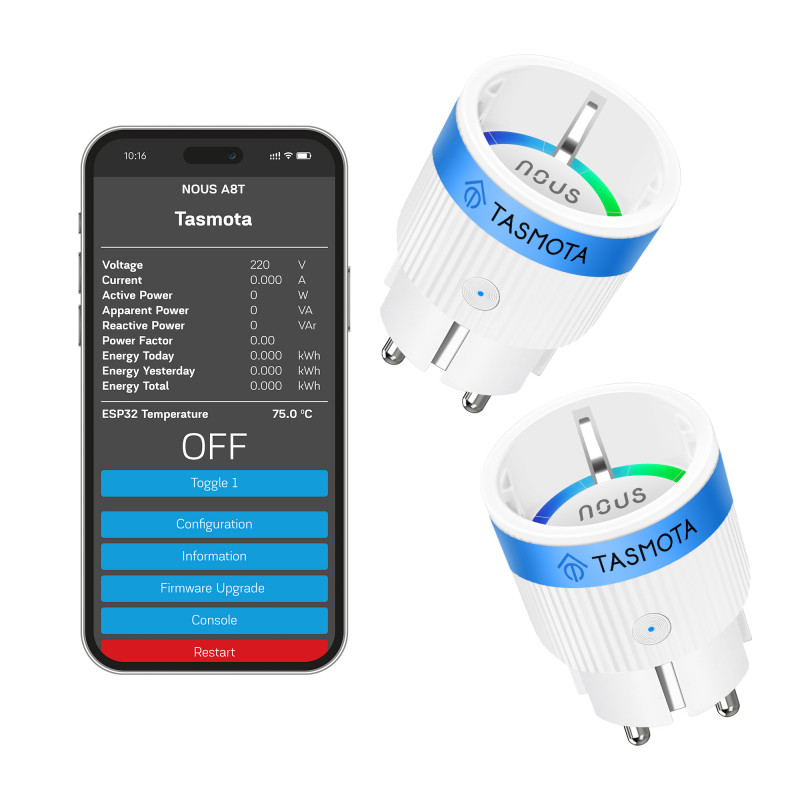 NOUS - 2x WIFI Smart Plug + Consumption Metering (TASMOTA)